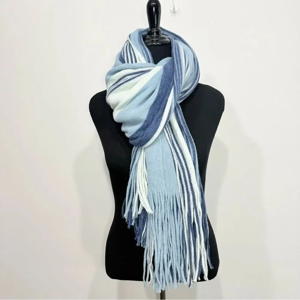 Free People Color Block Blue Stripe Oversized Fringed Edge Scarf Shawl Wrap